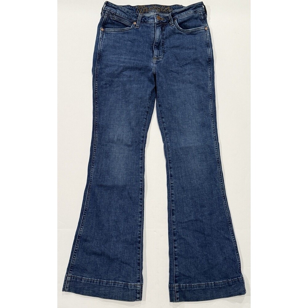 Wrangler Flare Jeans Womens 30x32 Blue Denim Cowgirl Western Med. Wash Leather